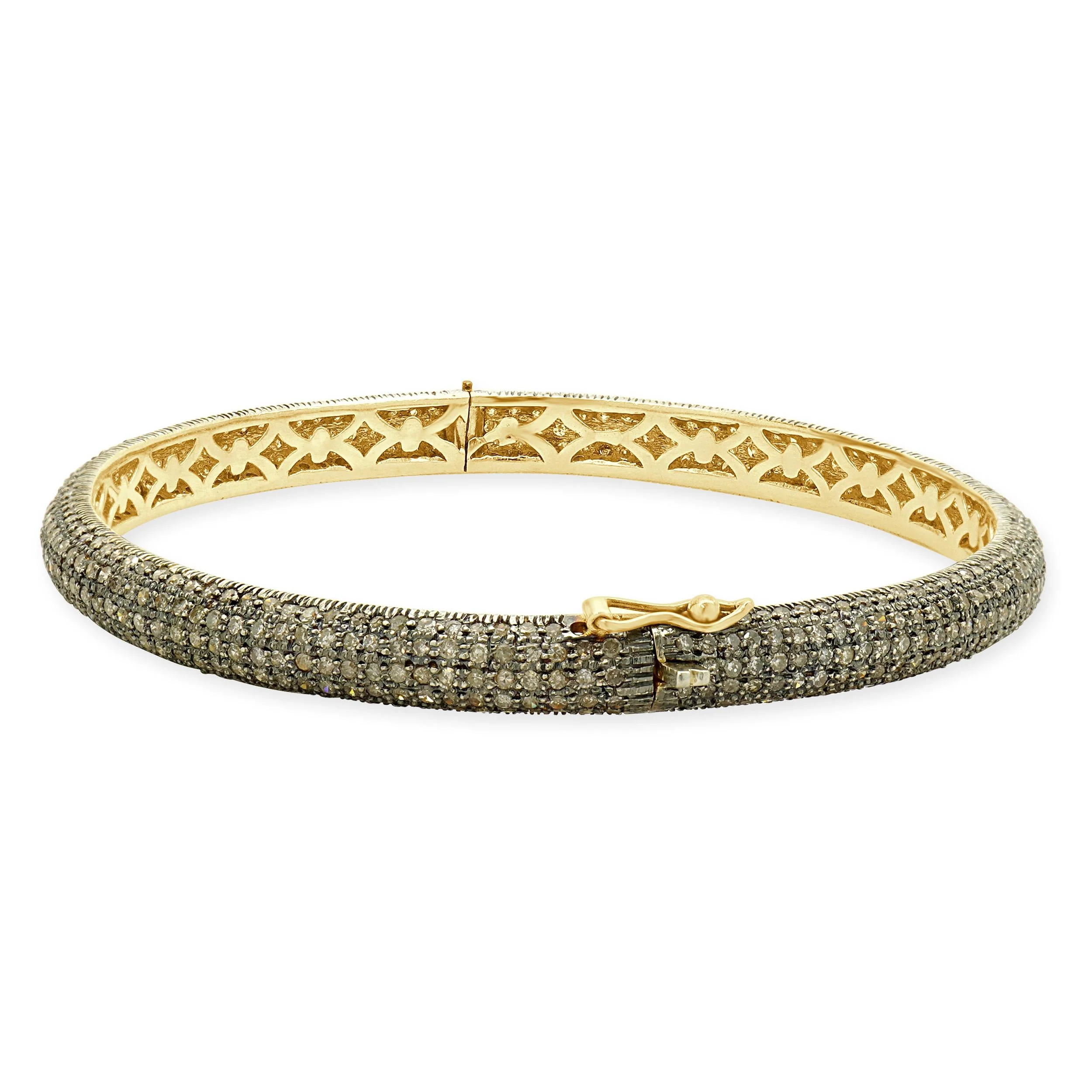 Sterling Silver & 14 Karat Yellow Gold Pave Diamond Bangle Bracelet - Image 2