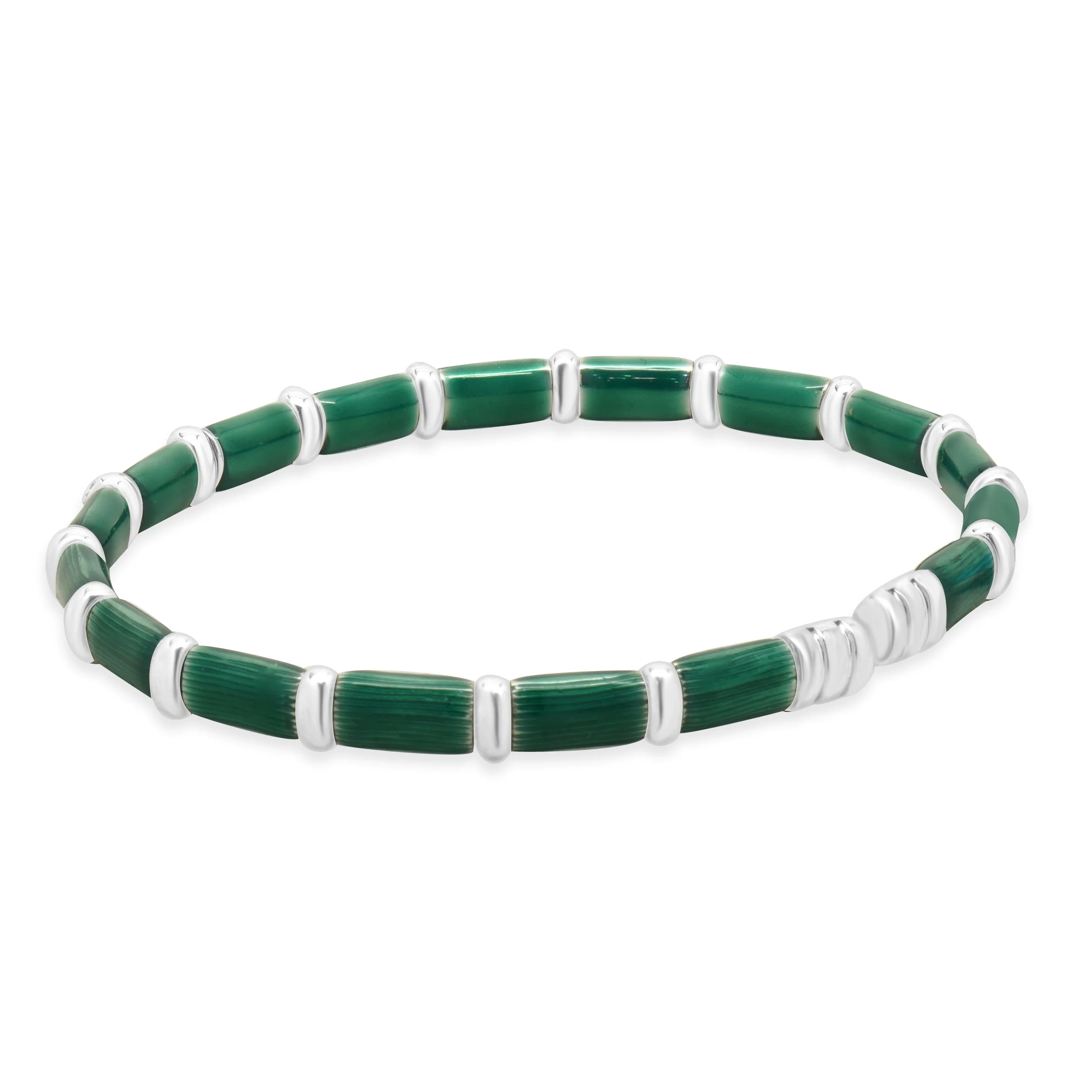 Sterling Silver & 18 Karat White Gold Green Enamel Bangle Bracelet - Image 3