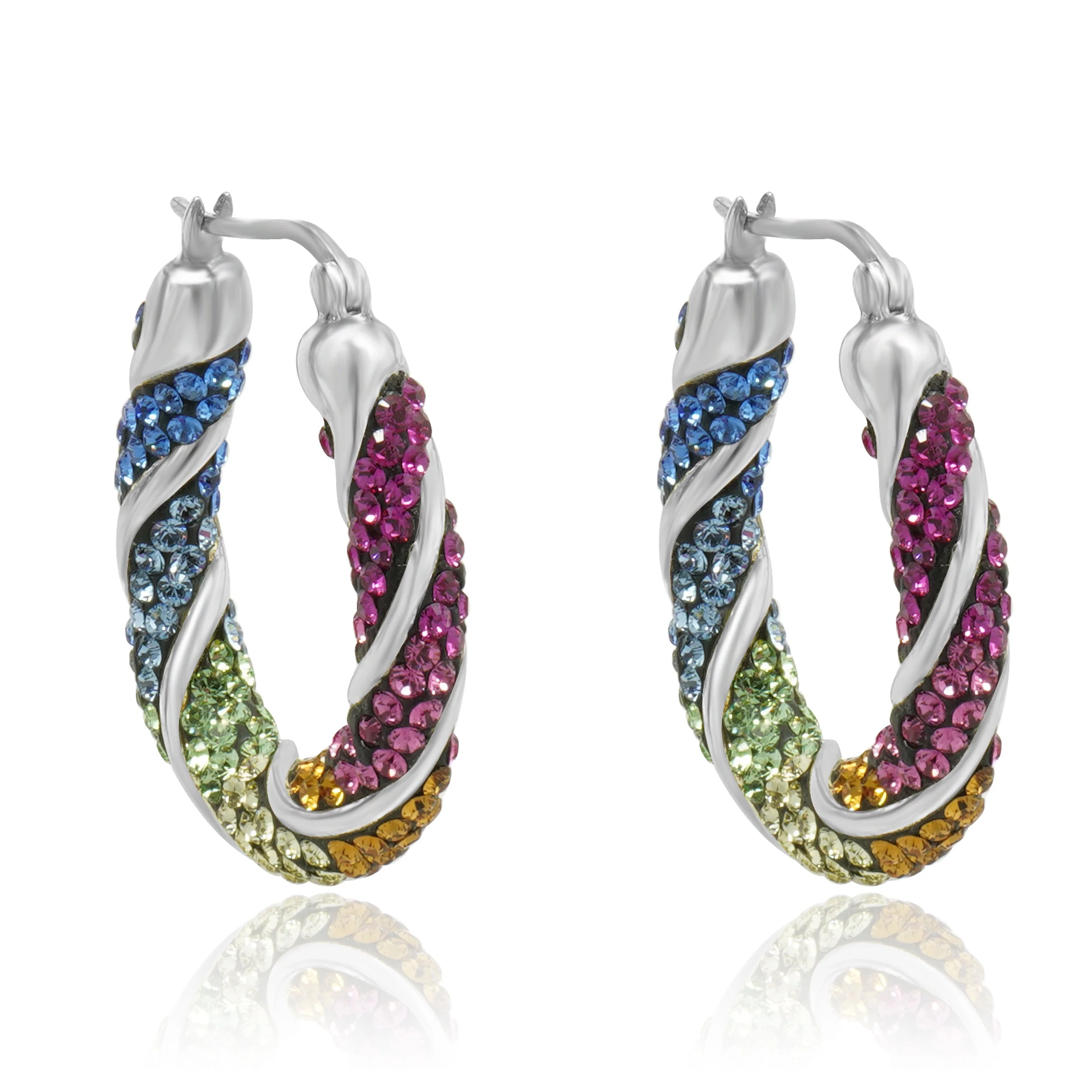 Sterling Silver Pave Multi Colored Rhinestone Hoop Earrings - Image 2