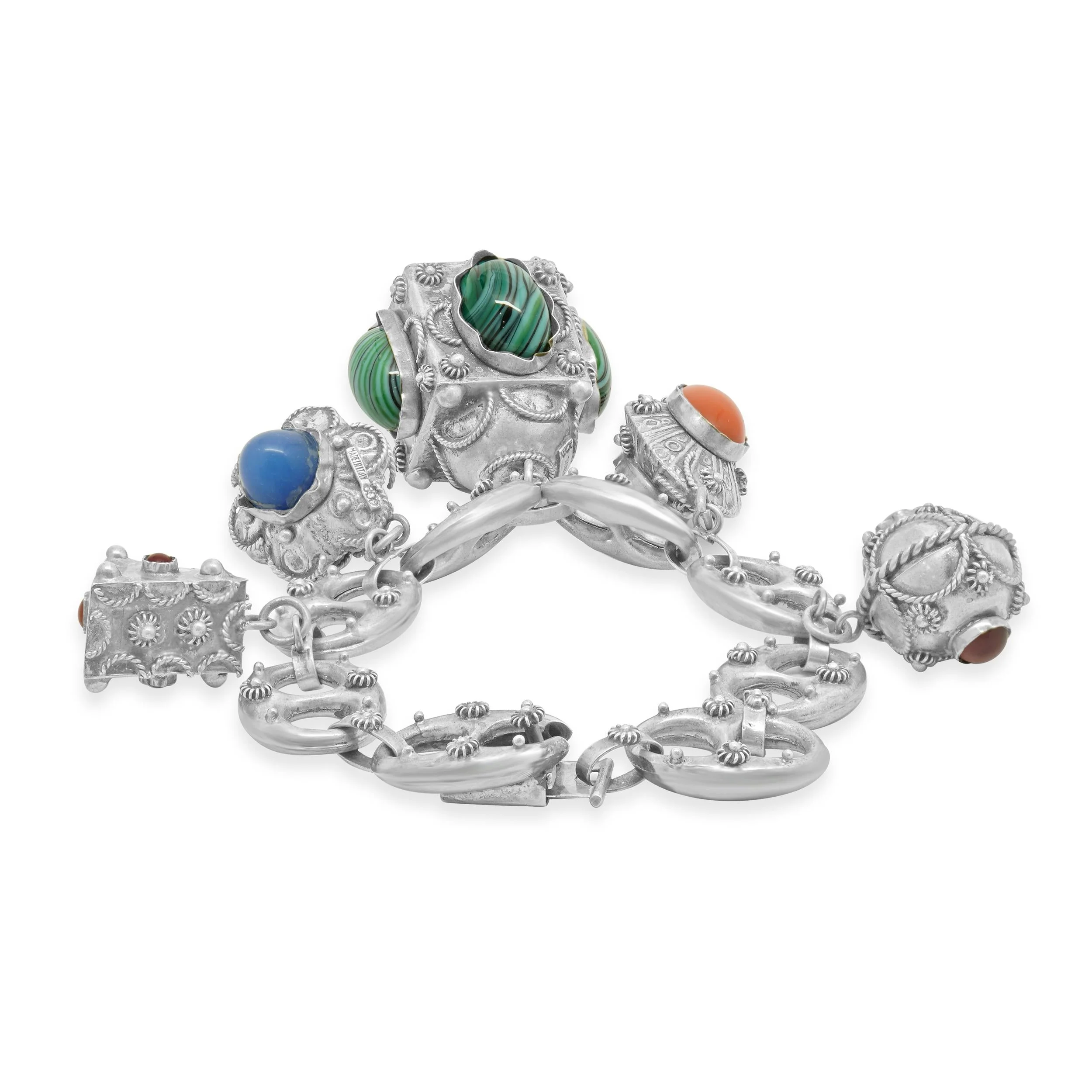 Sterling Silver Vintage Italian Designed Ornate Multi Gemstone Charm Bracelet - Image 2