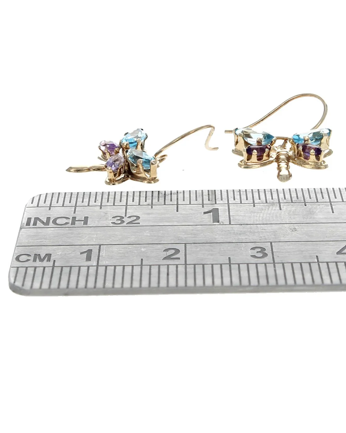 14K Yellow Gold Swiss Blue Topaz and Amethyst Dragonfly Dangle Earrings - Image 3