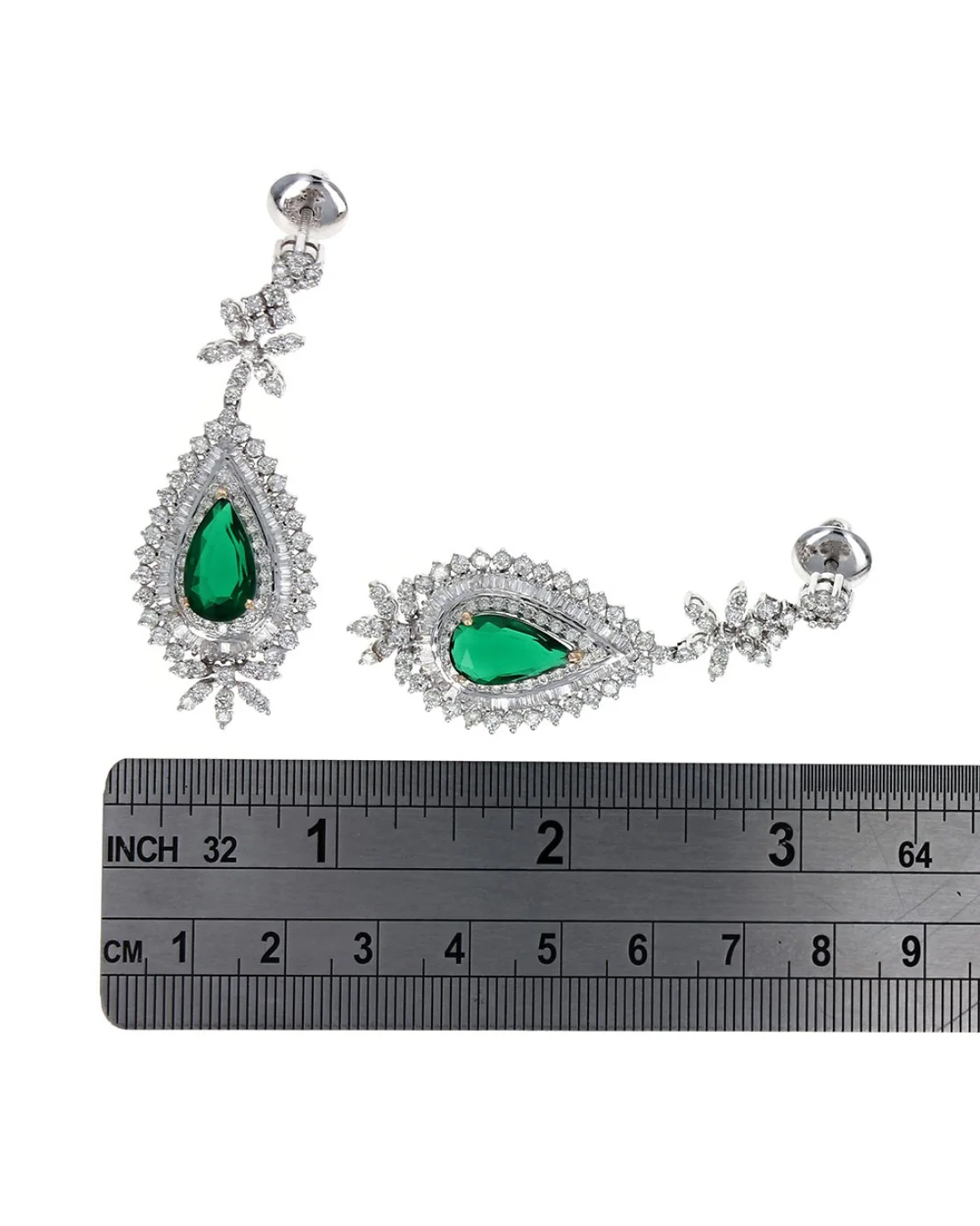 Synthetic Emerald and Diamond Floral Accent Dangle Earrings - Image 3