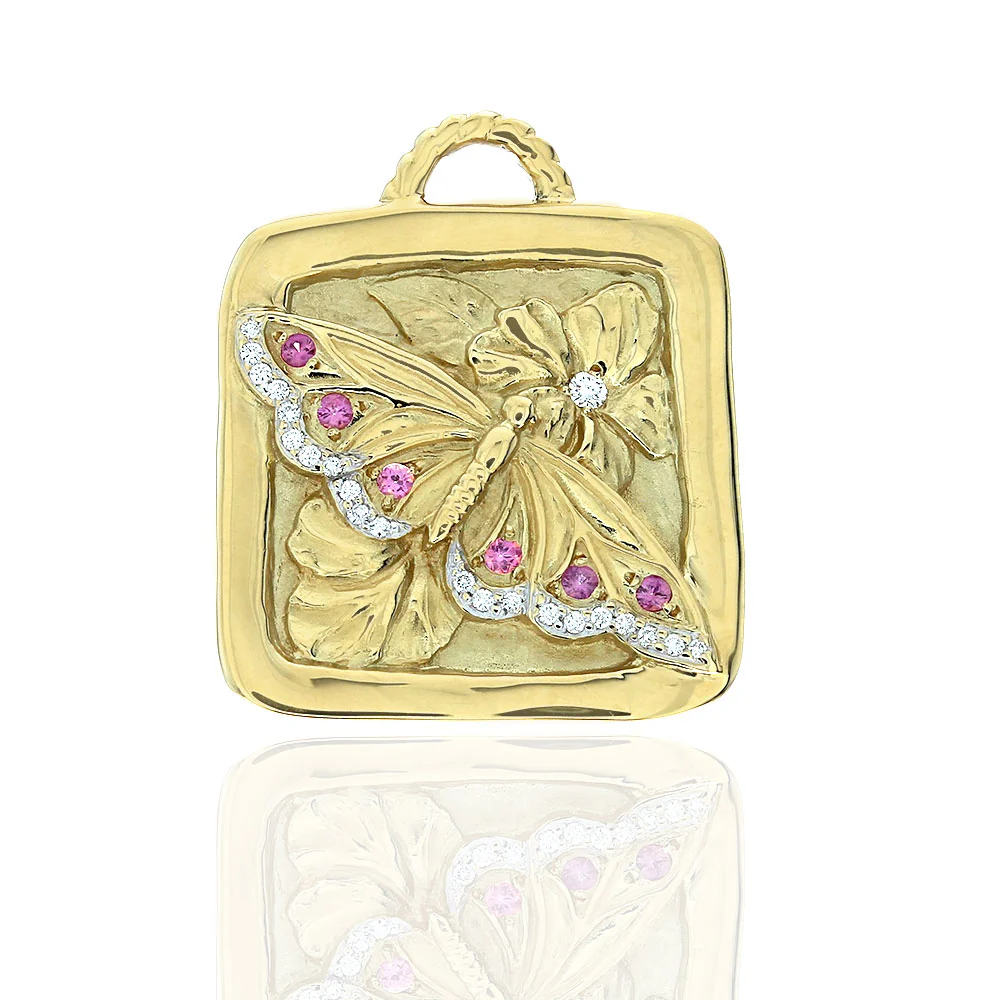 Synthetic Ruby and Diamond Butterfly Floral Pendant