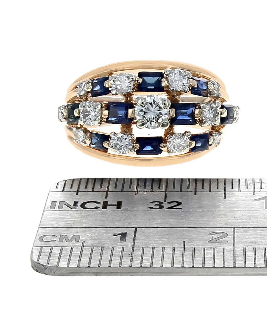 Three Row Alternating Diamond and Blue Sapphire Split Shank Ring in Yellow Gold - Image 3