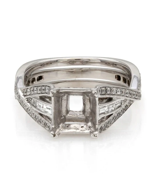 Three Row Diamond Crossover Mounting with Milgrain in 18k White Gold - Image 2