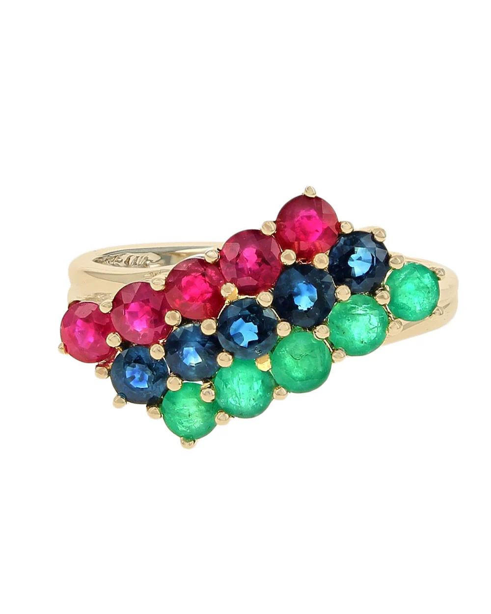 Three Row Ruby, Blue Sapphire, and Emerald Ring in Yellow Gold - Image 2