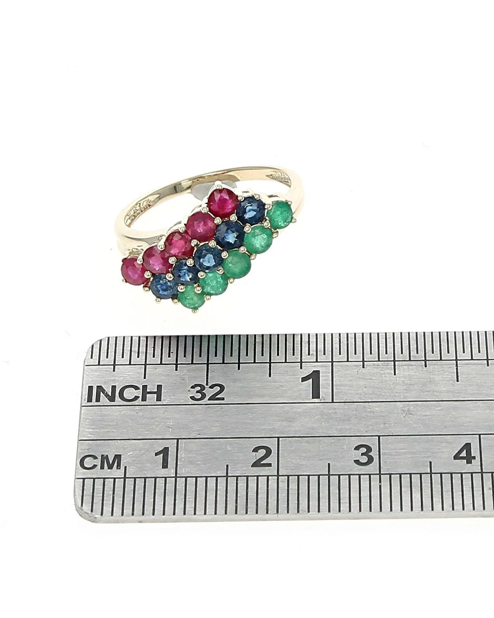 Three Row Ruby, Blue Sapphire, and Emerald Ring in Yellow Gold - Image 3