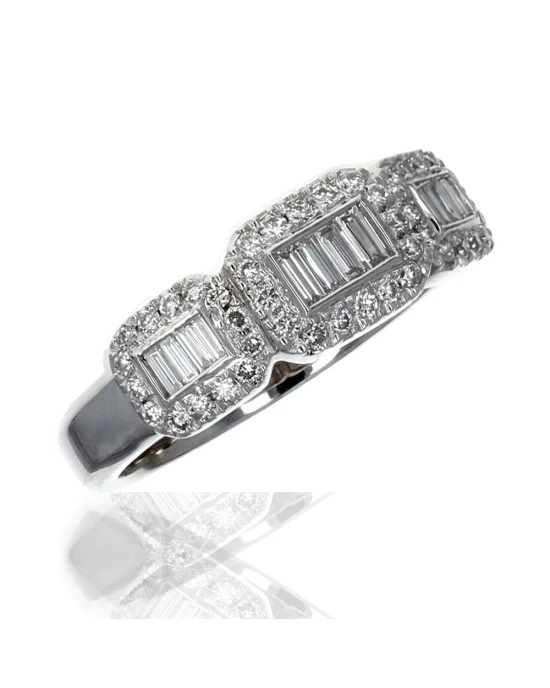 Three Station Square Halo Diamond Ring in White Gold