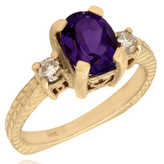 14K Yellow Gold Three Stone Amethyst and Diamond Square Shank Ring