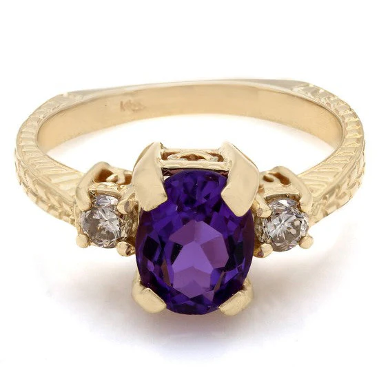 14K Yellow Gold Three Stone Amethyst and Diamond Square Shank Ring - Image 2