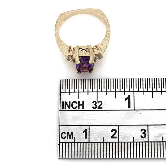 14K Yellow Gold Three Stone Amethyst and Diamond Square Shank Ring - Image 3