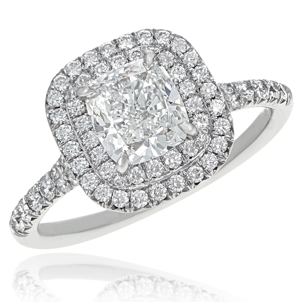 Tiffany & Co Platinum Cushion Cut and Round Diamond Double Halo Engagement Ring