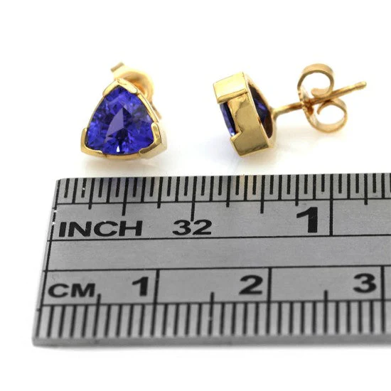 14K Yellow Gold Trillion Cut Tanzanite Stud Earrings - Image 3