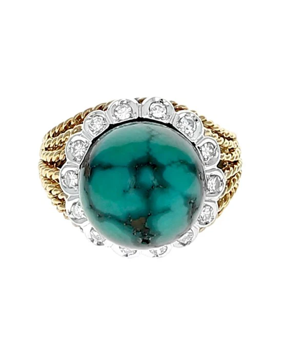 Turquoise Ball and Diamond Accent Rope Motif Ring - Image 2
