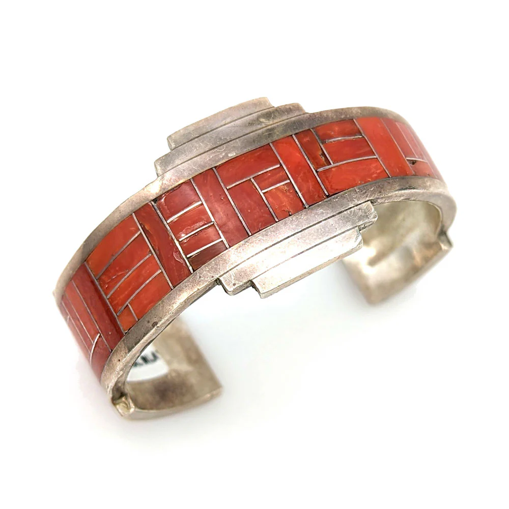 Zuni Rickel & Glendora Booqua Sterling Silver Coral Inlay Bracelet